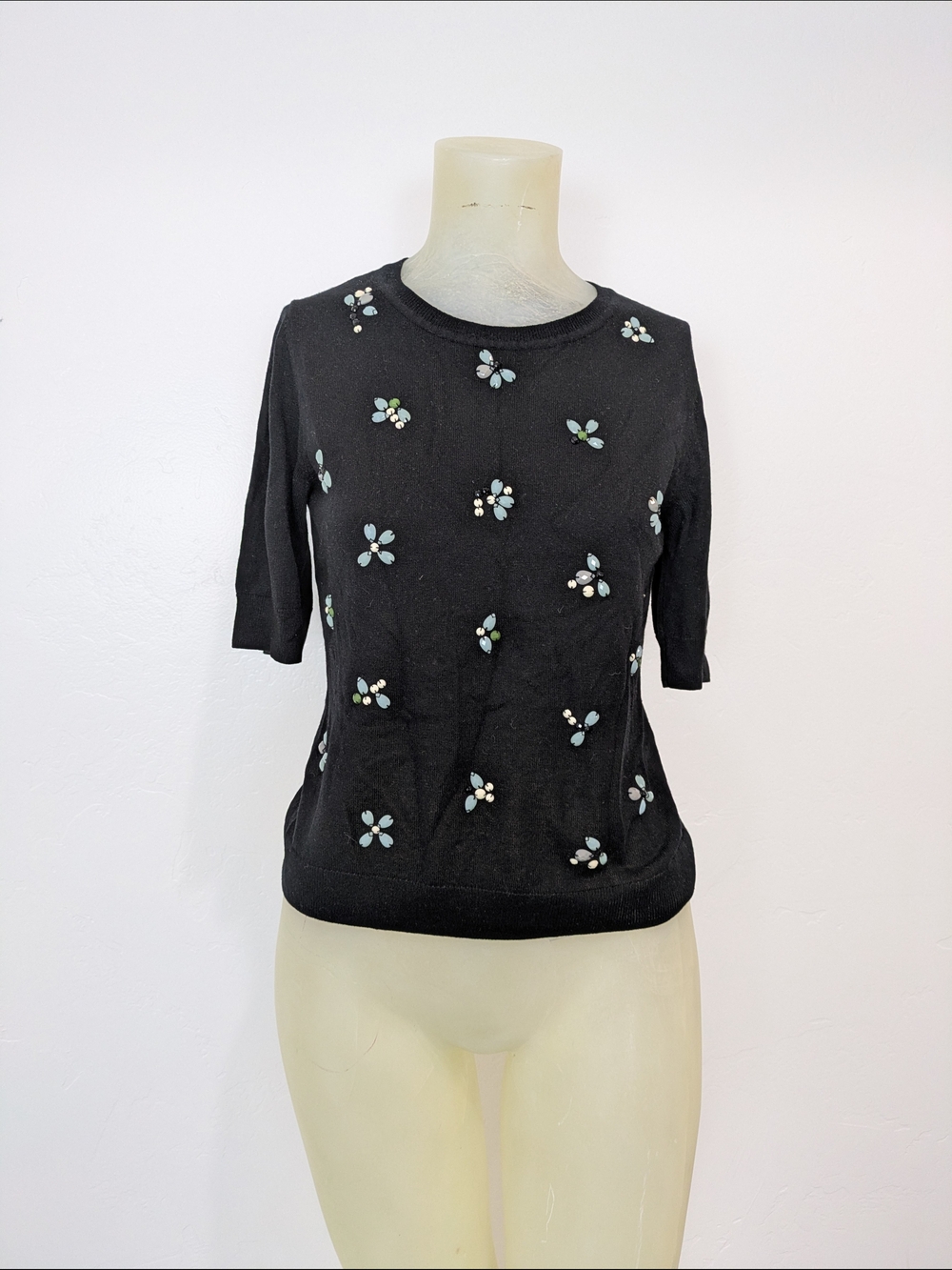 Torn by Ronny Kobo Black Short Sleeve Crew Sweater with Pale Blue Floral Jewels